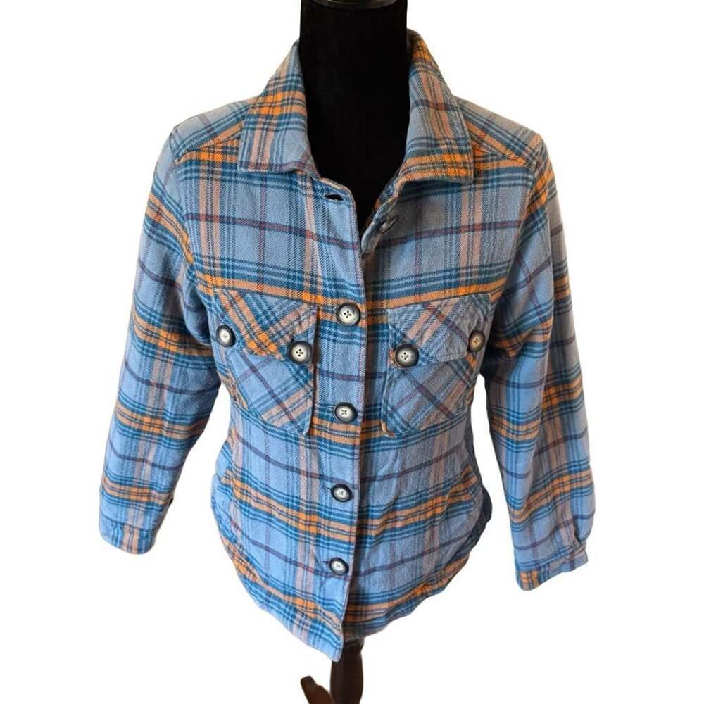 Kavu Lowlands Quilted Flannel Jacket Size L Blue Orange Plaid Button Down